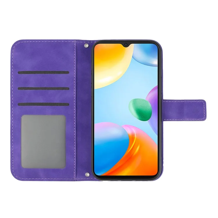 For Xiaomi Redmi 10C 4G HT04 Sunflower Imprinted Skin-Touch Anti-scratch Phone Case Magnetic Clasp PU Leather Wallet Cover Stand with Shoulder Strap - Dark Purple