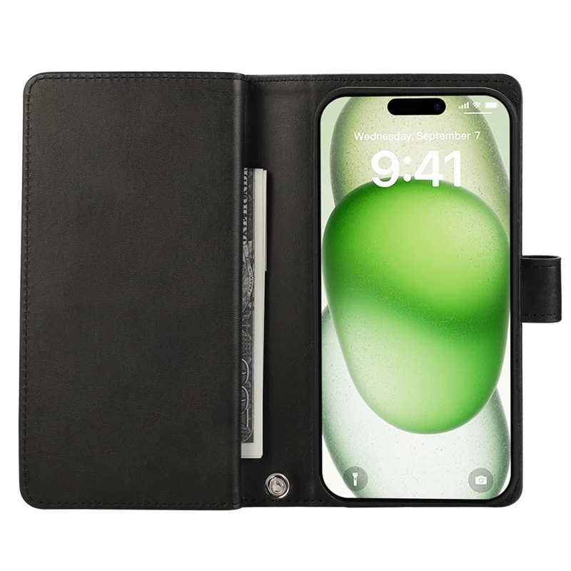 For iPhone 17 Case Split Leather Magnetic Wallet Phone Protector with Wrist Strap - Black