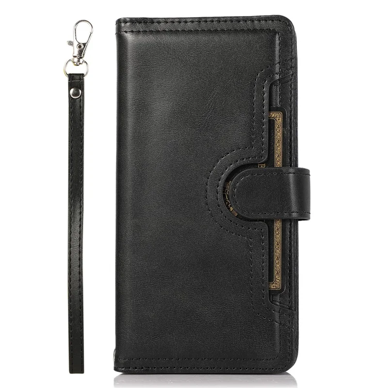 For iPhone 17 Case Split Leather Magnetic Wallet Phone Protector with Wrist Strap - Black