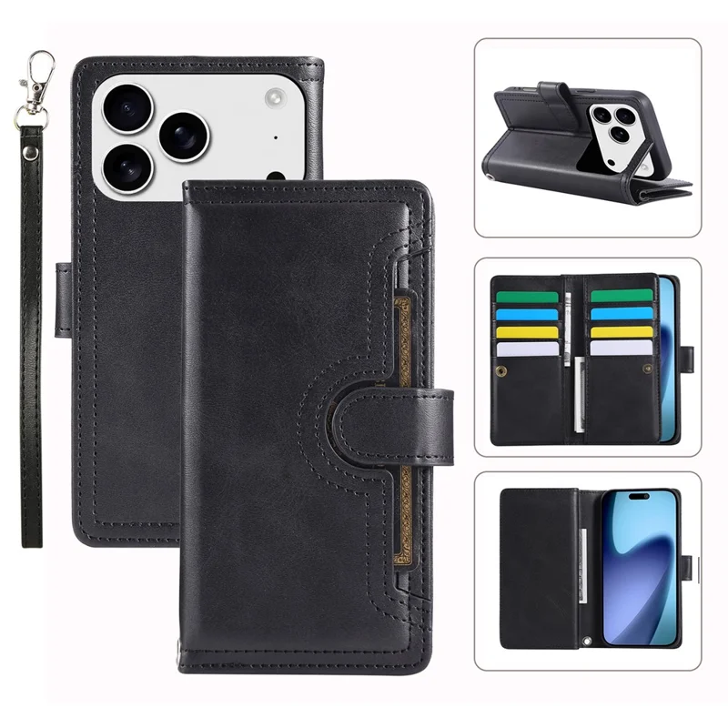 For iPhone 17 Pro Max Case Split Leather Magnetic Wallet Phone Protector with Wrist Strap - Black