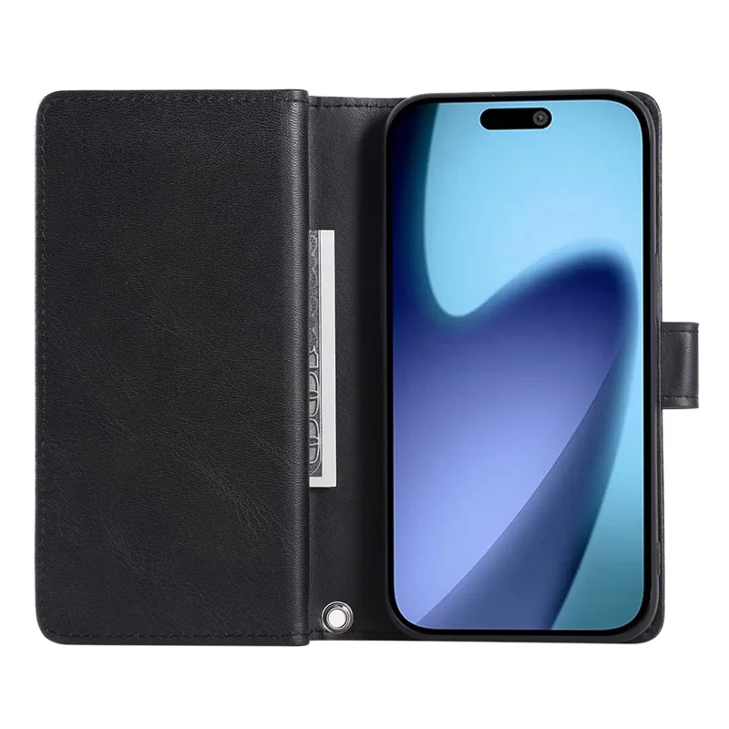 For iPhone 17 Pro Max Case Split Leather Magnetic Wallet Phone Protector with Wrist Strap - Black