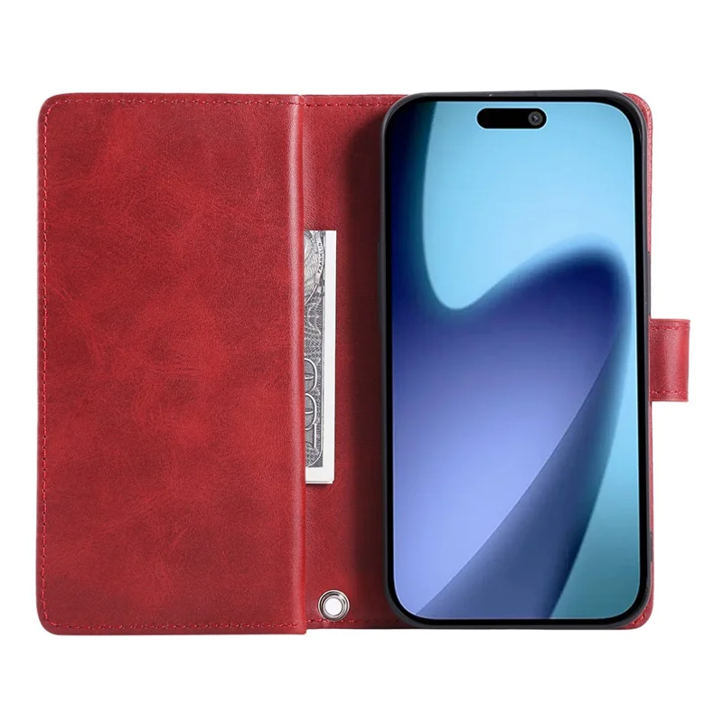Für iPhone 17 Pro Max Hülle Geteiltes Leder Magnetische Geldbörse Handyschutzhülle mit Handschlaufe - Rot