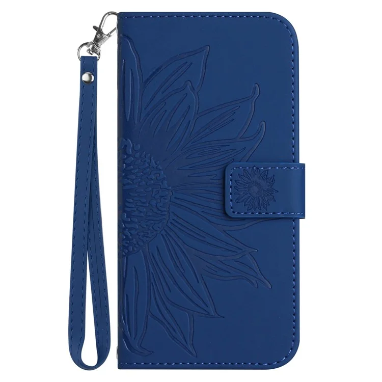 Phone Case For Xiaomi Redmi 10C 4G HT04 Imprinted Sunflower PU Leather Stand Wallet Skin-Touch Phone Cover with Hand Strap - Sapphire