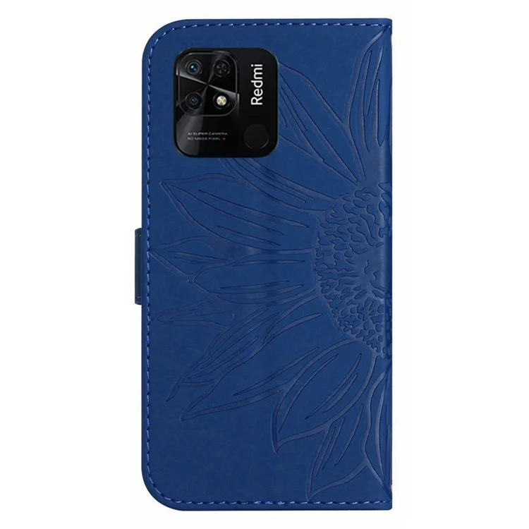 Phone Case For Xiaomi Redmi 10C 4G HT04 Imprinted Sunflower PU Leather Stand Wallet Skin-Touch Phone Cover with Hand Strap - Sapphire