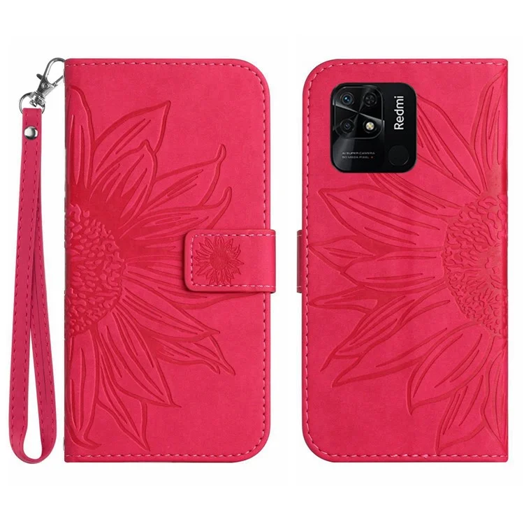 Phone Case For Xiaomi Redmi 10C 4G HT04 Imprinted Sunflower PU Leather Stand Wallet Skin-Touch Phone Cover with Hand Strap - Rose