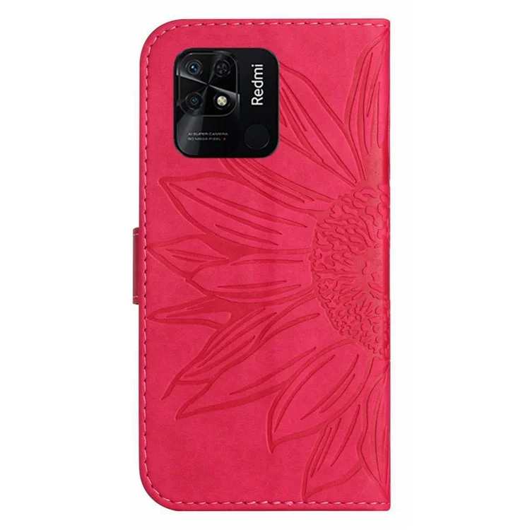 Phone Case For Xiaomi Redmi 10C 4G HT04 Imprinted Sunflower PU Leather Stand Wallet Skin-Touch Phone Cover with Hand Strap - Rose