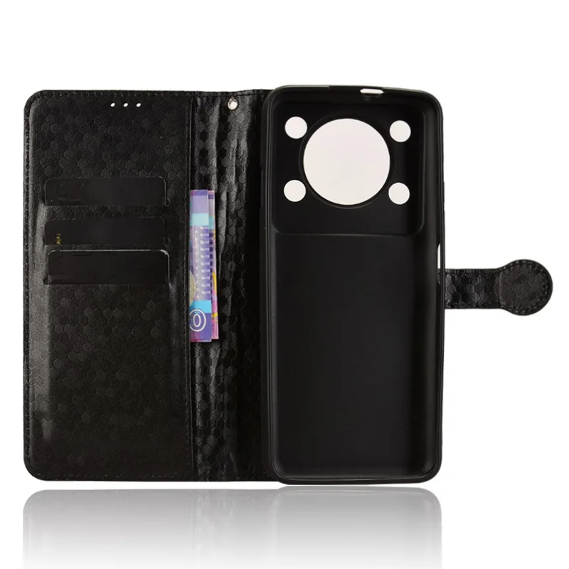 For Oukitel C60 Pro  /  C60 Wallet Case Dot Pattern Imprint PU Leather Phone Cover with Wrist Strap - Black