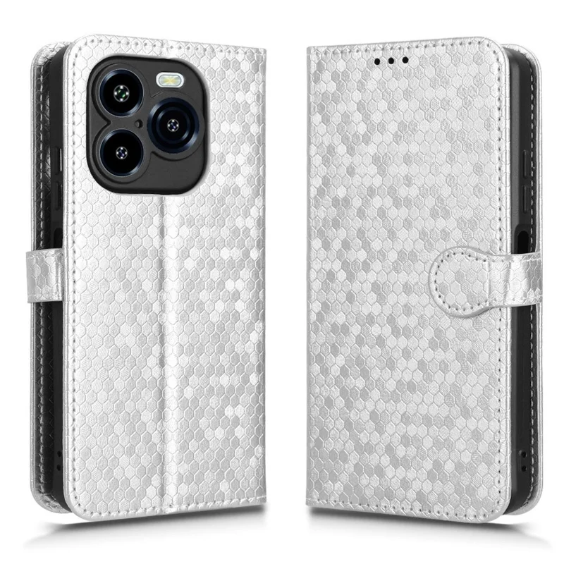 For Oukitel C65 Pro  /  C65 Wallet Case Dot Pattern Imprint PU Leather Phone Cover with Wrist Strap - Silver