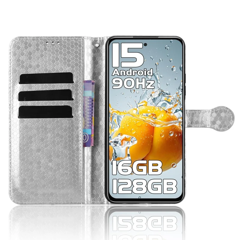 For Oukitel C65 Pro  /  C65 Wallet Case Dot Pattern Imprint PU Leather Phone Cover with Wrist Strap - Silver