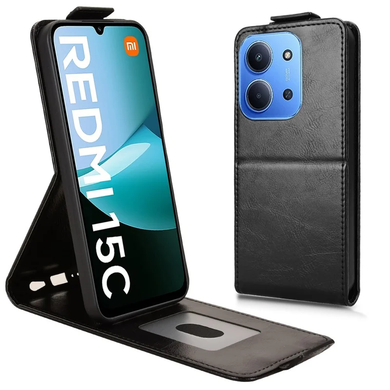 For Xiaomi Redmi 15C 5G (EU) (173mm) / 15C 4G (EU) (173mm) Stand Case Magnetic Clasp Vertical Flip Leather Phone Cover with Card Holder - Black