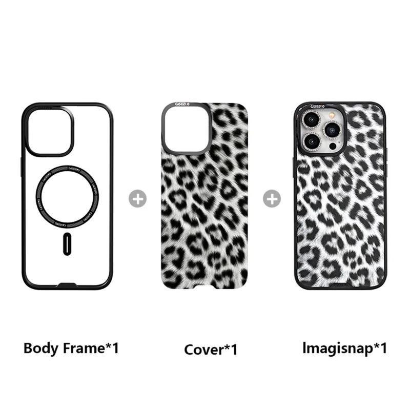 CASEEVO For iPhone 16 Pro Case Compatible with MagSafe TPU Acrylic Phone Cover with Detachable Leopard Backplate - Black / White