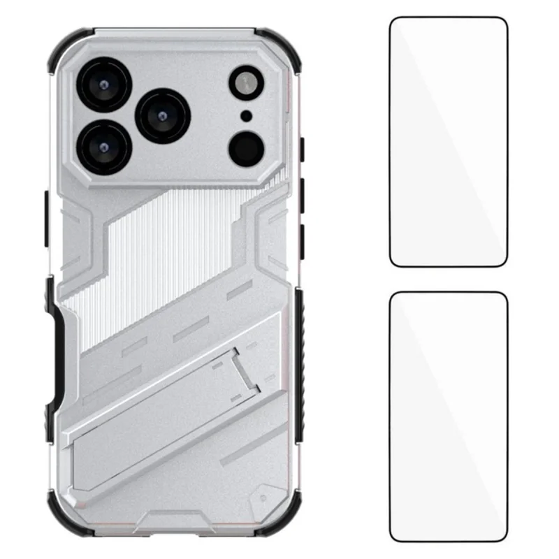 WANLONFENG KK Series For iPhone 17 Pro Case Kickstand PC TPU Phone Cover Precise Cutouts with 2Pcs Screen Film - Silver