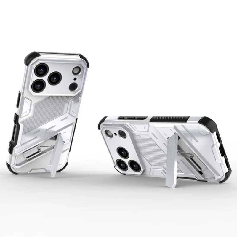 WANLONFENG KK Series For iPhone 17 Pro Case Kickstand PC TPU Phone Cover Precise Cutouts with 2Pcs Screen Film - Silver