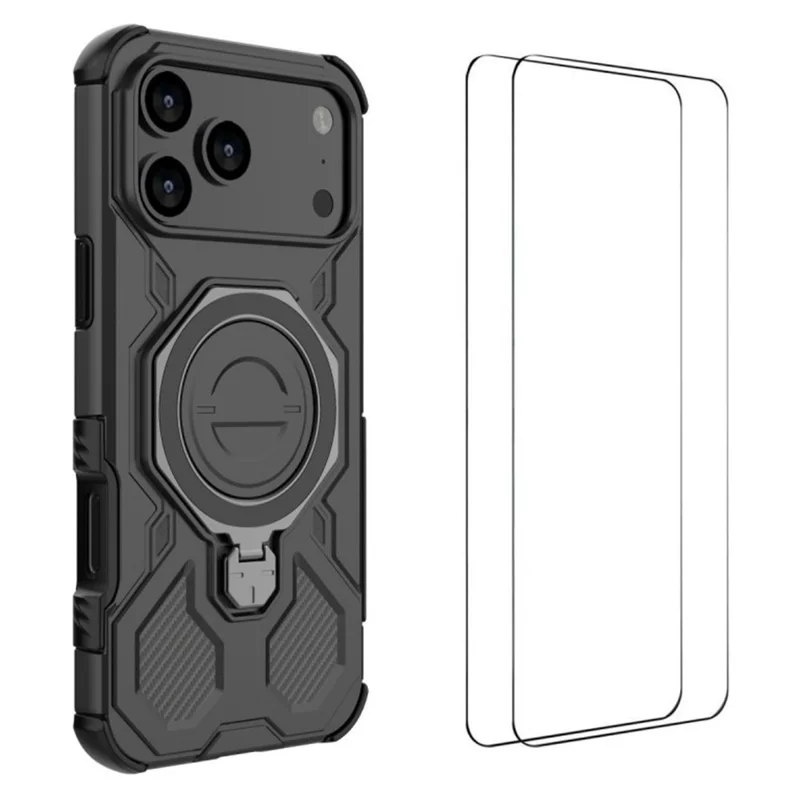 WANLONFENG KJ Series For iPhone 17 Pro Case Kickstand PC TPU Phone Cover with 2Pcs Screen Film (Big Lens Hole) - Black