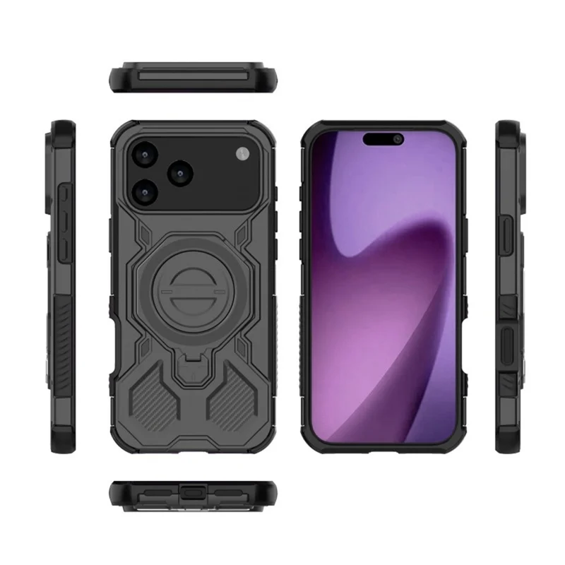 WANLONFENG KJ Series For iPhone 17 Pro Case Kickstand PC TPU Phone Cover with 2Pcs Screen Film (Big Lens Hole) - Black