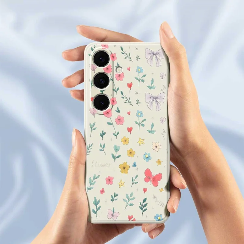 Fluweelzachte TPU-telefoonhoesje met bloemenstrikpatroon voor Samsung Galaxy S25+ - Beige