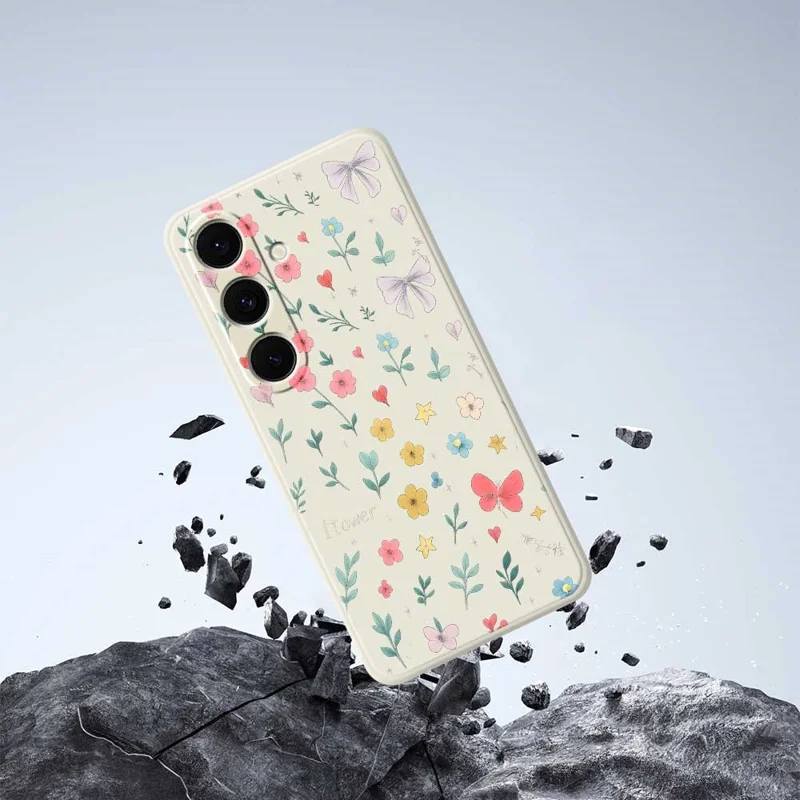 Fluweelzachte TPU-telefoonhoesje met bloemenstrikpatroon voor Samsung Galaxy S25+ - Beige