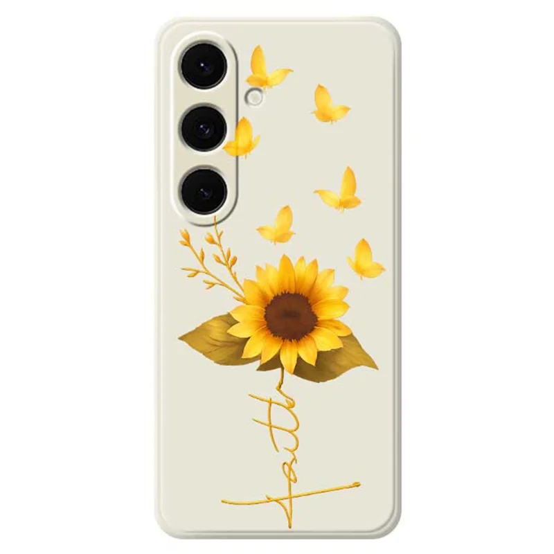 For Samsung Galaxy S25+ Case Golden Butterfly Sunflower Pattern Printing Straight Edge TPU Phone Back Cover - Beige