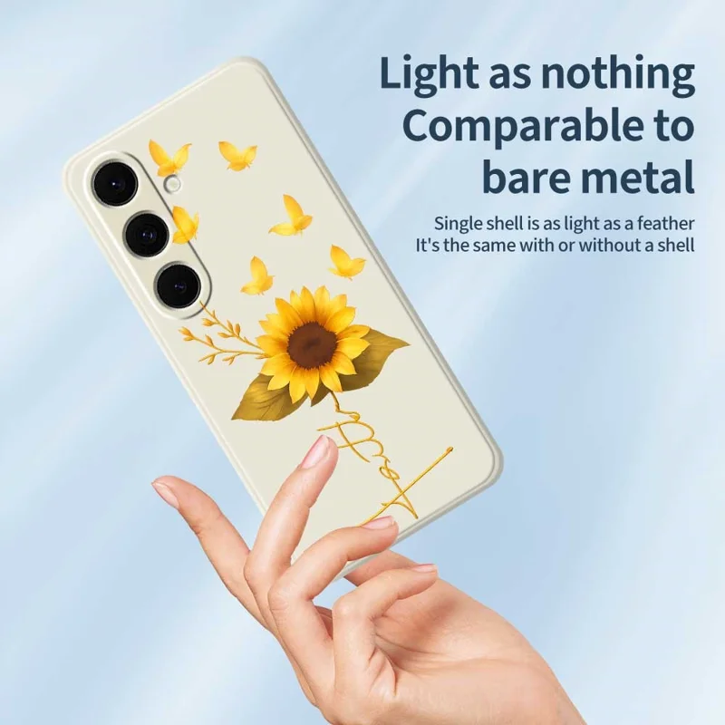 For Samsung Galaxy S25+ Case Golden Butterfly Sunflower Pattern Printing Straight Edge TPU Phone Back Cover - Beige
