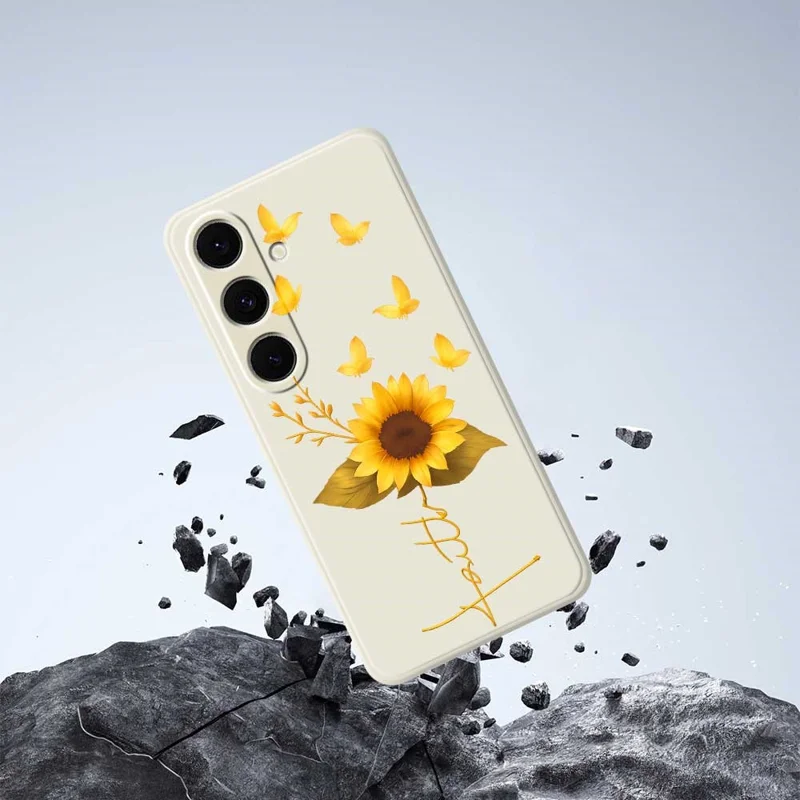 For Samsung Galaxy S25+ Case Golden Butterfly Sunflower Pattern Printing Straight Edge TPU Phone Back Cover - Beige