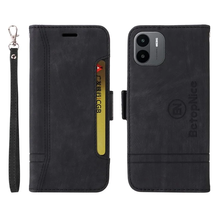 BETOPNICE 001 Para Xiaomi Redmi A1 4G PU PU Anti-fall Caixa Phone Stand Stand Stand Stitching Linha de Proteção Tampa do Telefone Celular - Preto