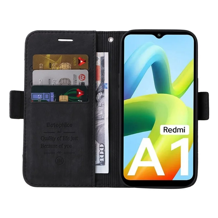 BETOPNICE 001 Para Xiaomi Redmi A1 4G PU PU Anti-fall Caixa Phone Stand Stand Stand Stitching Linha de Proteção Tampa do Telefone Celular - Preto