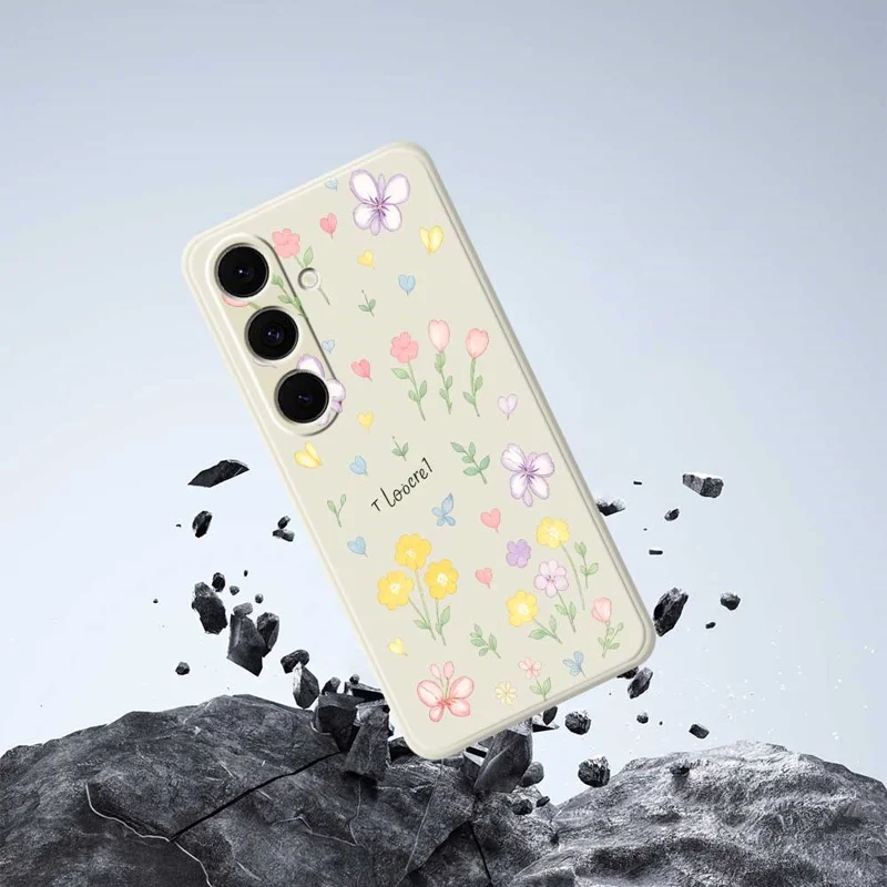 For Samsung Galaxy S25+ Case Small Flowers Pattern Printing Straight Edge TPU Phone Back Cover - Beige