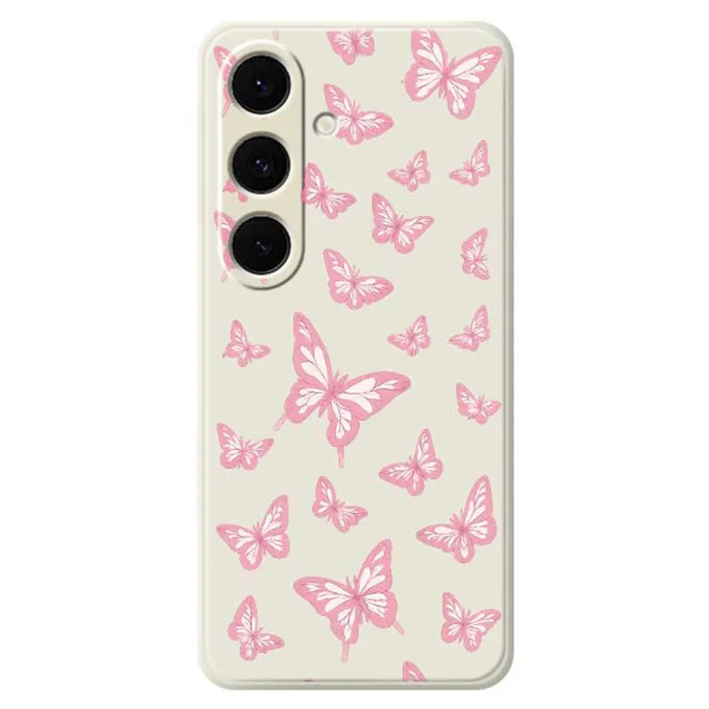 For Samsung Galaxy S25+ Case Pink Butterflies Pattern Printing Straight Edge TPU Phone Back Cover - Beige