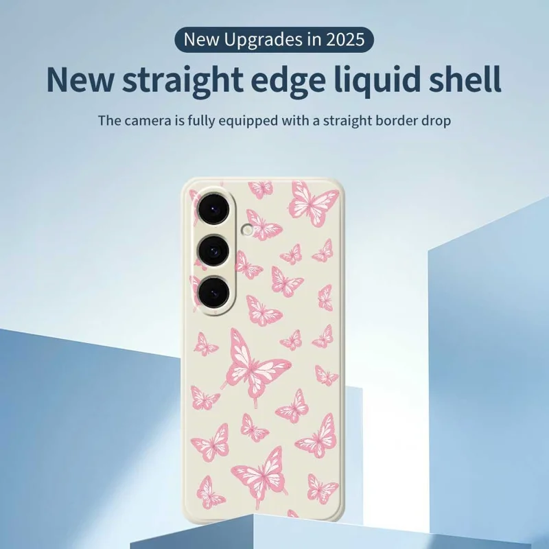 For Samsung Galaxy S25+ Case Pink Butterflies Pattern Printing Straight Edge TPU Phone Back Cover - Beige