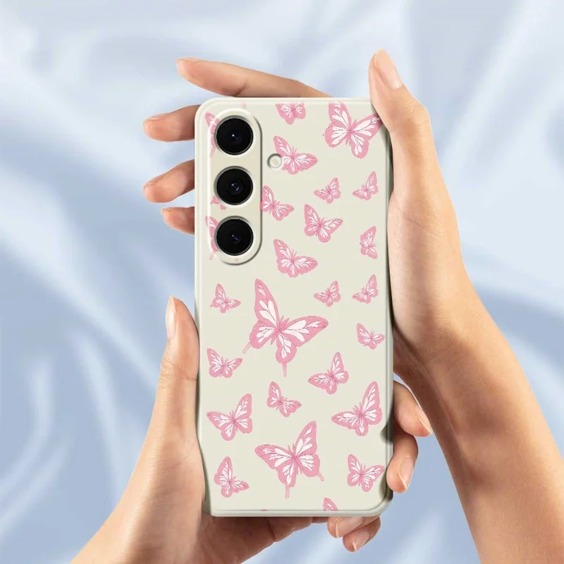 For Samsung Galaxy S25+ Case Pink Butterflies Pattern Printing Straight Edge TPU Phone Back Cover - Beige