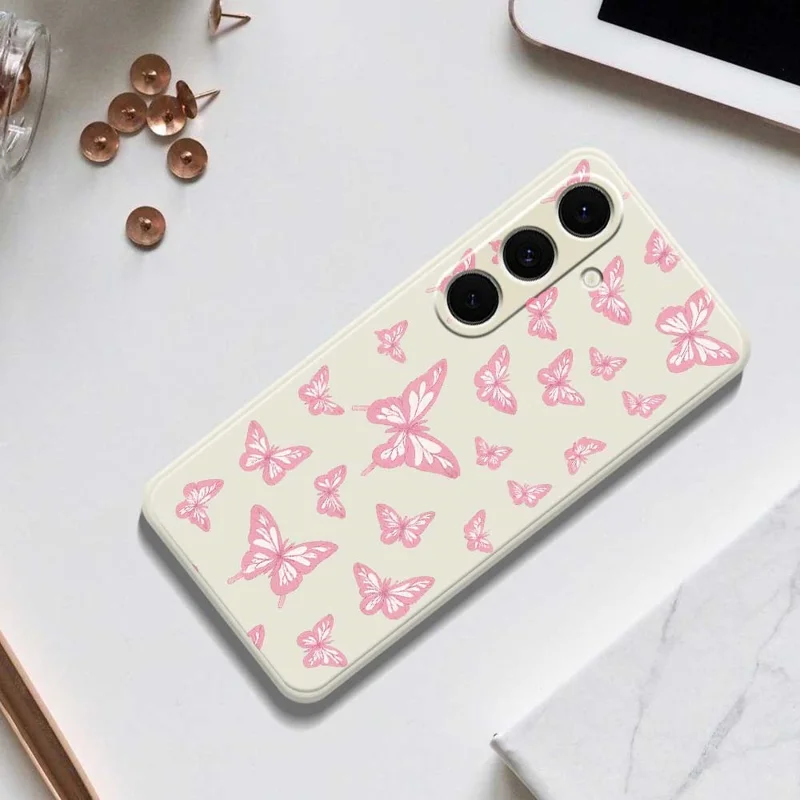 For Samsung Galaxy S25+ Case Pink Butterflies Pattern Printing Straight Edge TPU Phone Back Cover - Beige