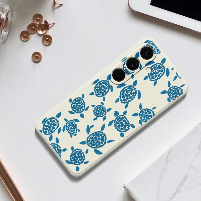 Samsung Galaxy S25+ hoesje met blauw schildpaddenpatroon Rechte rand TPU telefoonhoes - Beige