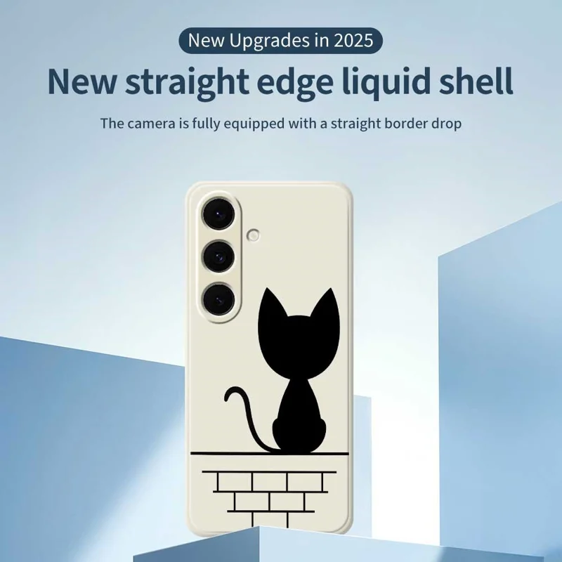 For Samsung Galaxy S25+ Case Black Cat on the Wall Pattern Printing Straight Edge TPU Phone Back Cover - Beige