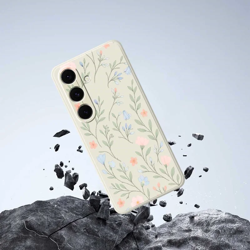 For Samsung Galaxy S25+ Case Pink Blue Flowers Pattern Printing Straight Edge TPU Phone Back Cover - Beige