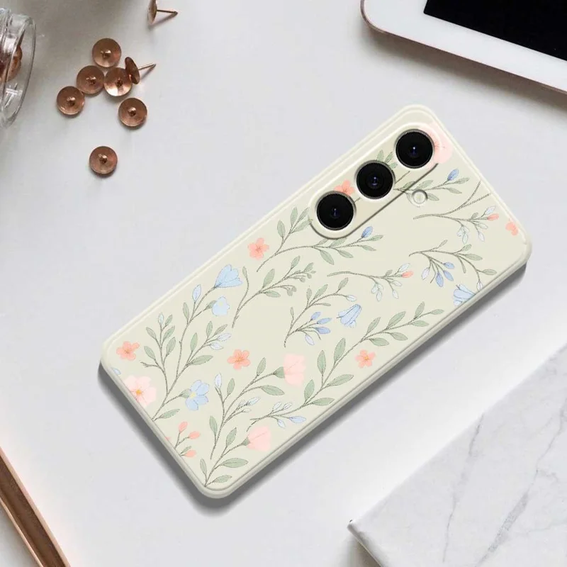 For Samsung Galaxy S25+ Case Pink Blue Flowers Pattern Printing Straight Edge TPU Phone Back Cover - Beige