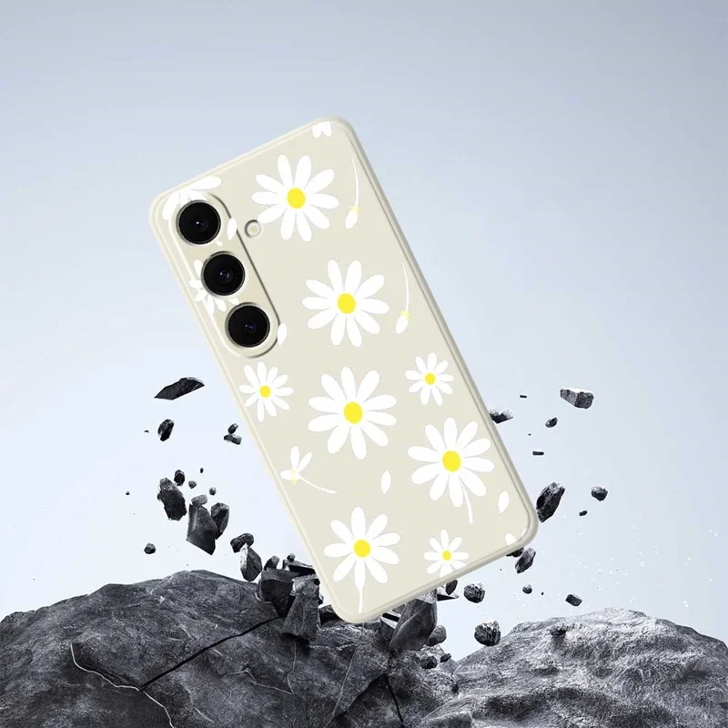 For Samsung Galaxy S25+ Case White Daisy Pattern Printing Straight Edge TPU Phone Back Cover - Beige