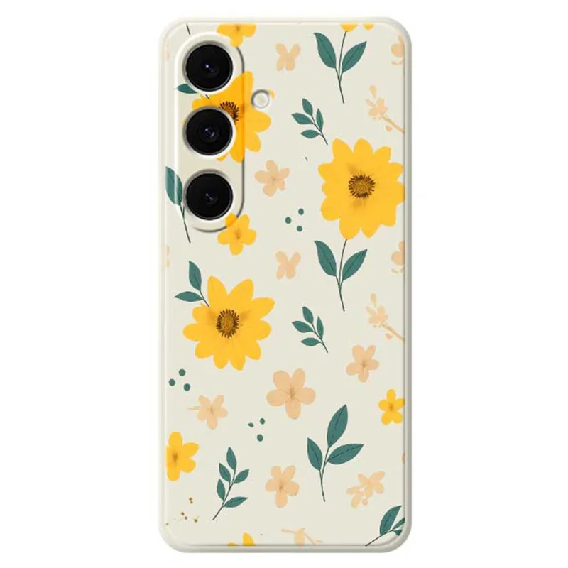 For Samsung Galaxy S25+ Case Yellow Floral and Leaves Pattern Printing Straight Edge TPU Phone Back Cover - Beige