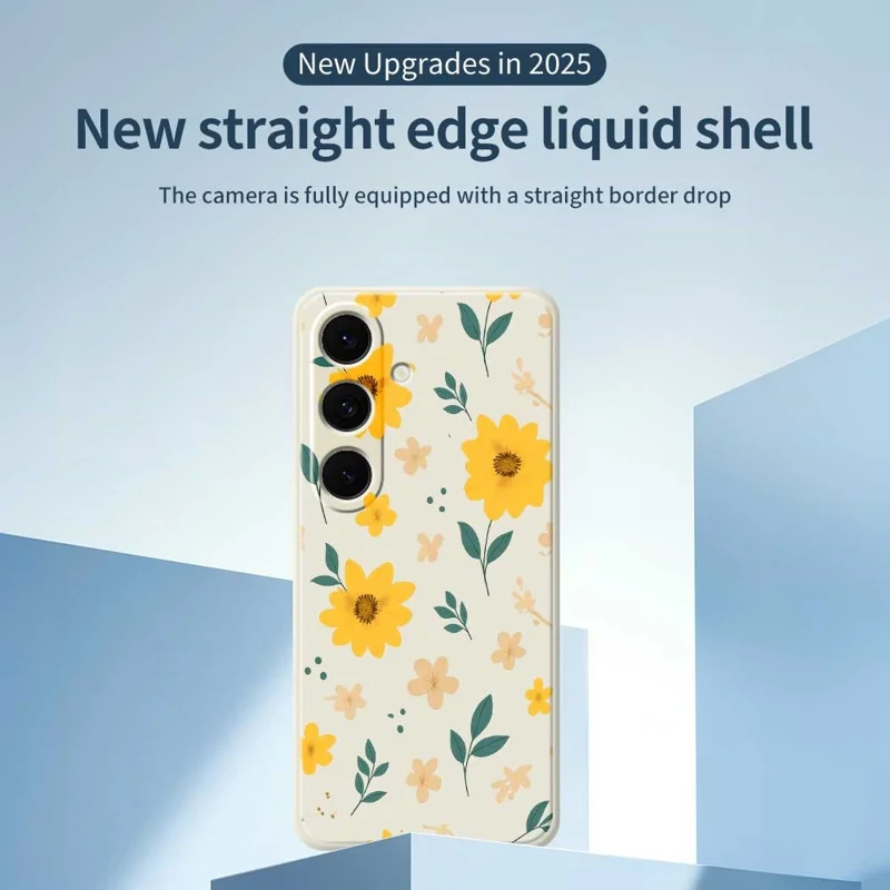 For Samsung Galaxy S25+ Case Yellow Floral and Leaves Pattern Printing Straight Edge TPU Phone Back Cover - Beige