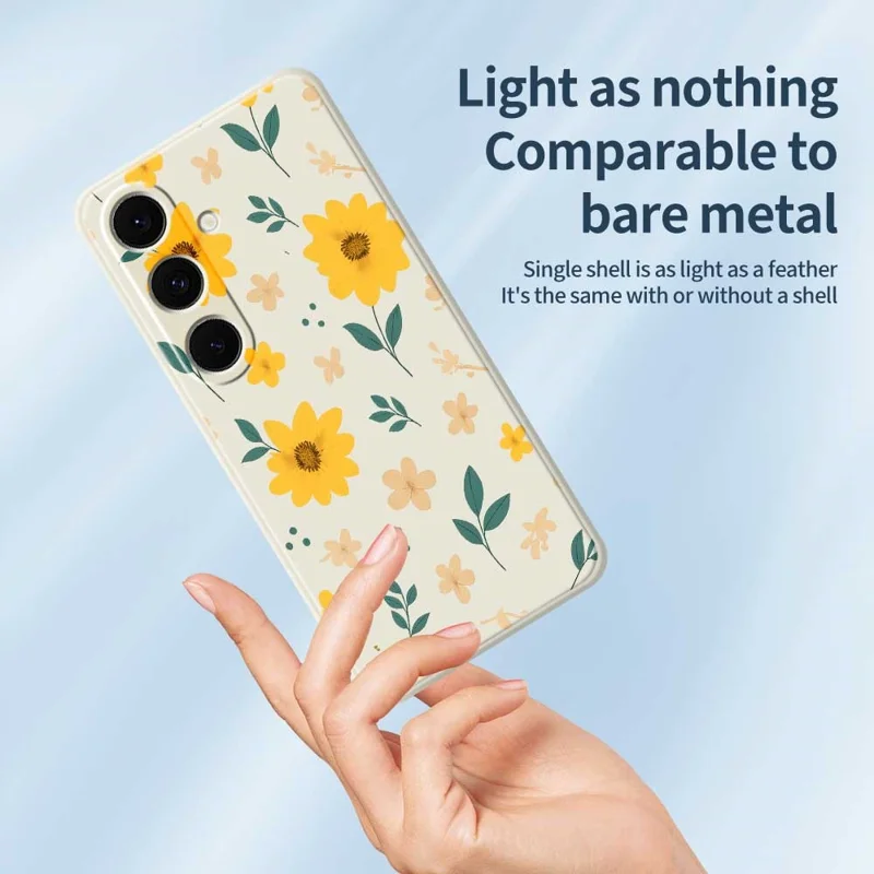 For Samsung Galaxy S25+ Case Yellow Floral and Leaves Pattern Printing Straight Edge TPU Phone Back Cover - Beige