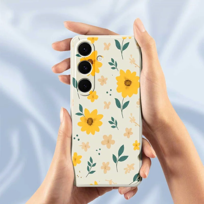 For Samsung Galaxy S25+ Case Yellow Floral and Leaves Pattern Printing Straight Edge TPU Phone Back Cover - Beige