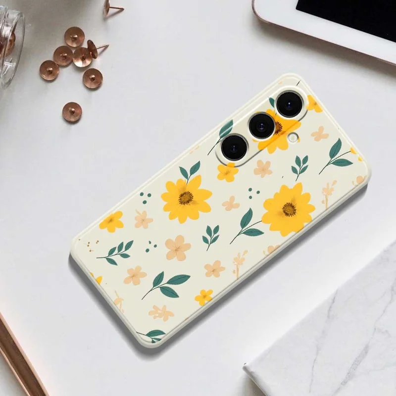 For Samsung Galaxy S25+ Case Yellow Floral and Leaves Pattern Printing Straight Edge TPU Phone Back Cover - Beige