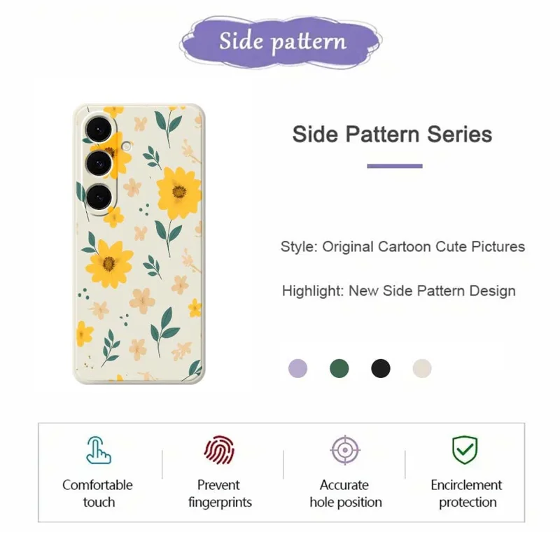 For Samsung Galaxy S25+ Case Yellow Floral and Leaves Pattern Printing Straight Edge TPU Phone Back Cover - Beige