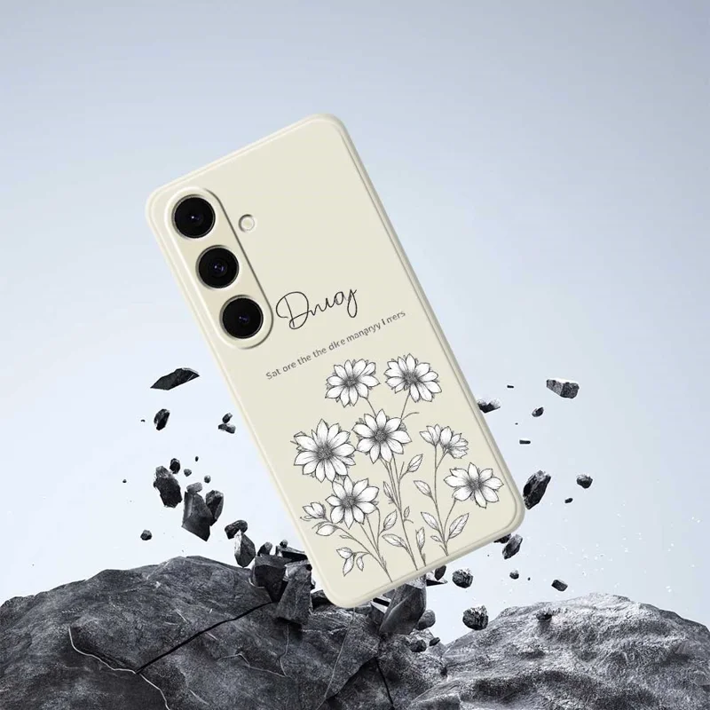 For Samsung Galaxy S25+ Case Sketch Flowers Pattern Printing Straight Edge TPU Phone Back Cover - Beige