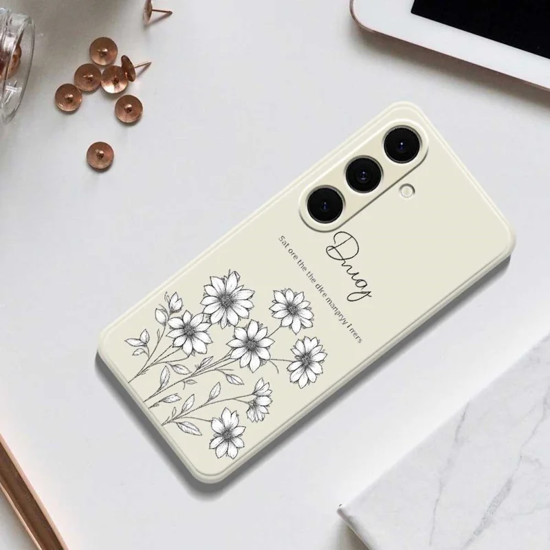 For Samsung Galaxy S25+ Case Sketch Flowers Pattern Printing Straight Edge TPU Phone Back Cover - Beige
