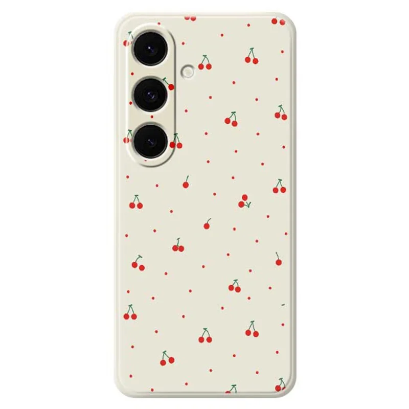 For Samsung Galaxy S25+ Case Red Cherry Pattern Printing Straight Edge TPU Phone Back Cover - Beige