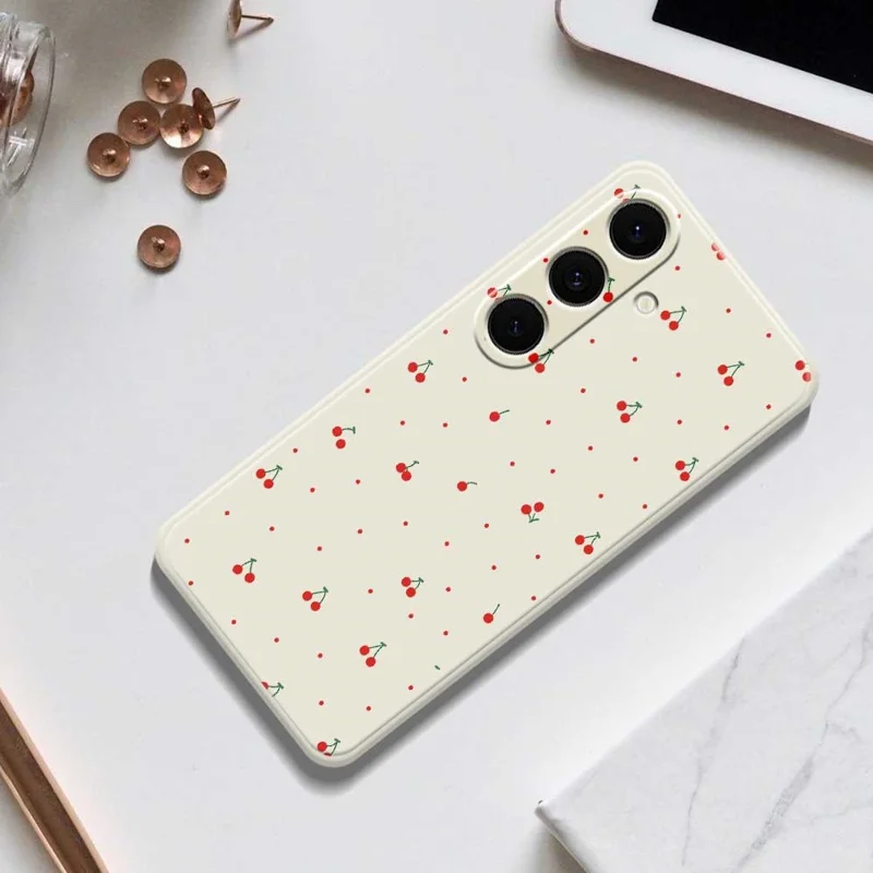 For Samsung Galaxy S25+ Case Red Cherry Pattern Printing Straight Edge TPU Phone Back Cover - Beige