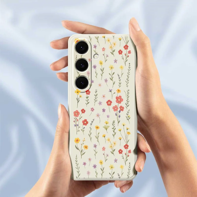 For Samsung Galaxy S25+ Case Flowers and Grass Pattern Printing Straight Edge TPU Phone Back Cover - Beige