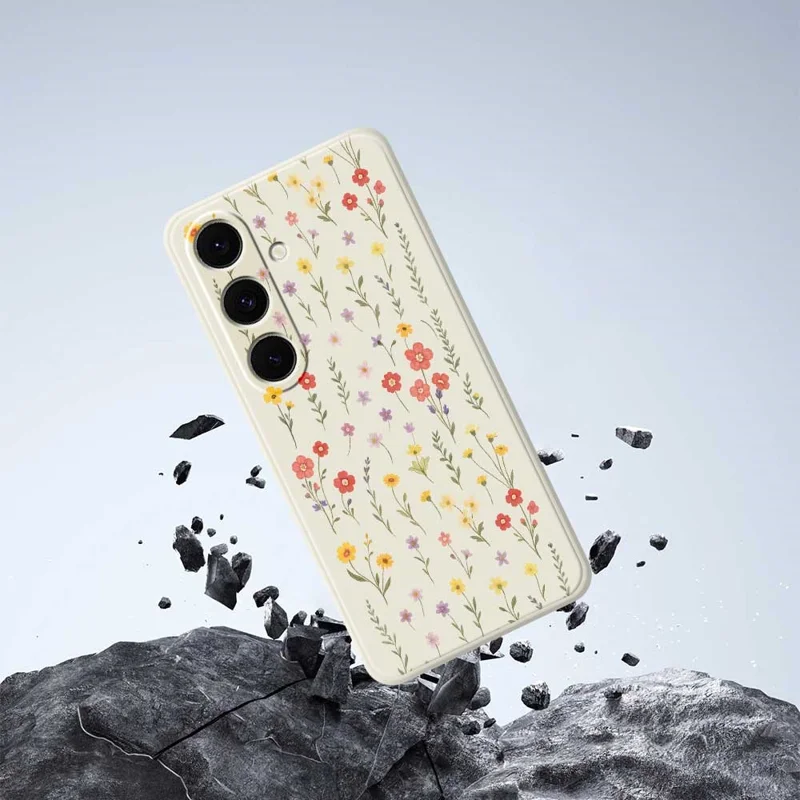 For Samsung Galaxy S25+ Case Flowers and Grass Pattern Printing Straight Edge TPU Phone Back Cover - Beige