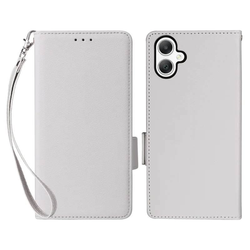 For Samsung Galaxy A07 4G Case with Wrist Strap Litchi Texture PU Leather Wallet Phone Cover - White