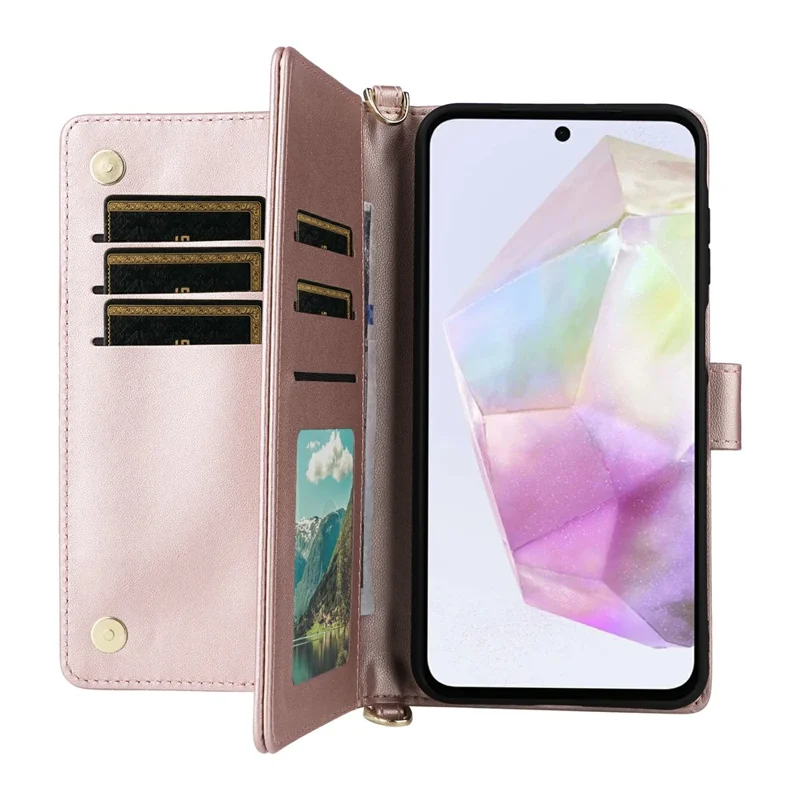 Voor Samsung Galaxy A17 5G / A17 4G hoesje met schouder-/polsriem lederen telefoonhoes standaard portemonnee - Roze